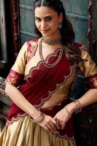 Magnificent Beige Zari Woven Silk Festive Wear Half Saree Lehenga