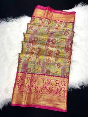 olive green woven kanchipuram silk blend saree with blouse piece 2