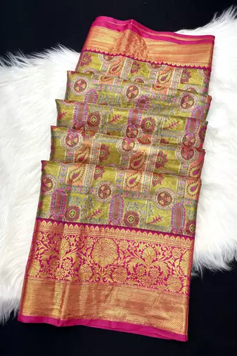 olive green woven kanchipuram silk blend saree with blouse piece