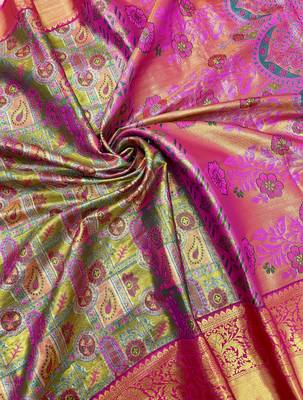 olive green woven kanchipuram silk blend saree with blouse piece 3