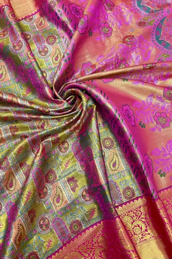 olive green woven kanchipuram silk blend saree with blouse piece