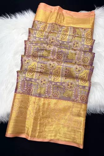 peach woven kanchipuram silk blend saree with blouse piece