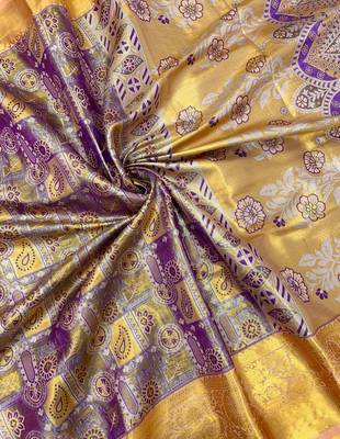 peach woven kanchipuram silk blend saree with blouse piece 3