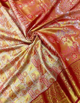 red woven kanchipuram silk blend saree with blouse piece 3