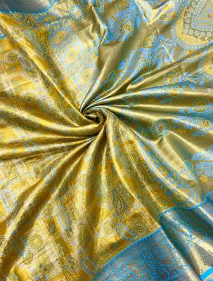 sky blue woven kanchipuram silk blend saree with blouse piece 3