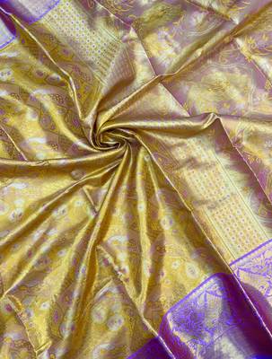 yellow woven kanchipuram silk blend saree with blouse piece 2