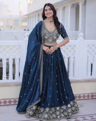 Royal Navy Blue Zari Embroidery Silk Wedding Wear Lehenga Choli 1