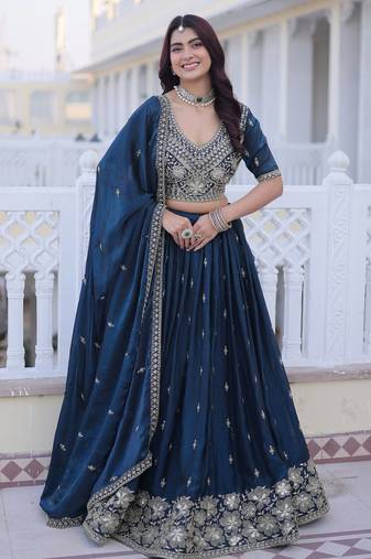 Royal Navy Blue Zari Embroidery Silk Wedding Wear Lehenga Choli
