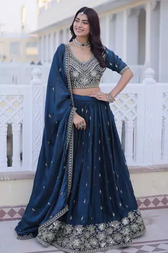 Royal Navy Blue Zari Embroidery Silk Wedding Wear Lehenga Choli