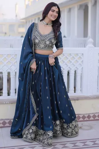 Royal Navy Blue Zari Embroidery Silk Wedding Wear Lehenga Choli
