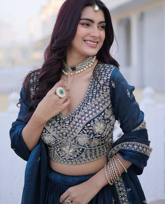 Royal Navy Blue Zari Embroidery Silk Wedding Wear Lehenga Choli 5