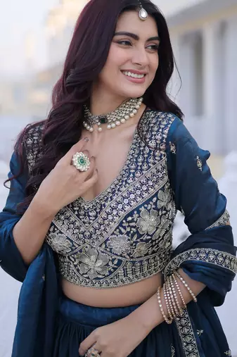 Royal Navy Blue Zari Embroidery Silk Wedding Wear Lehenga Choli