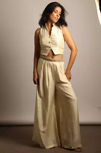 Ivory embroidered raw silk co ord set