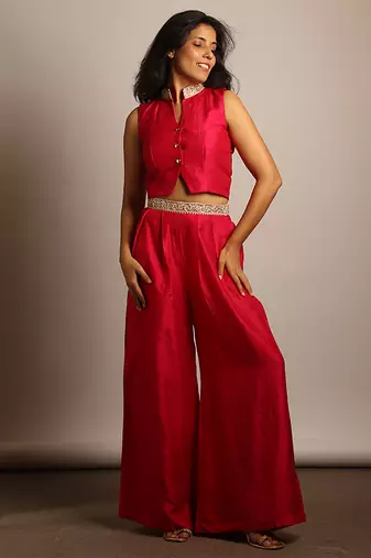 Pink embroidered raw silk co ord set