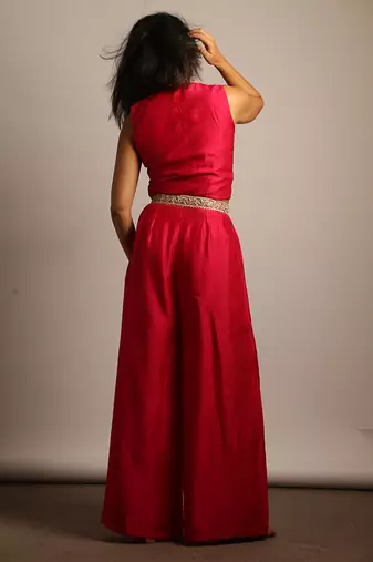 Pink embroidered raw silk co ord set