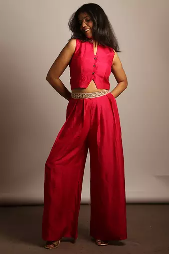 Pink embroidered raw silk co ord set