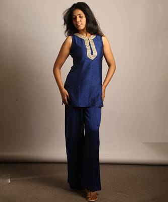 Blue embroidered raw silk co ord set 4