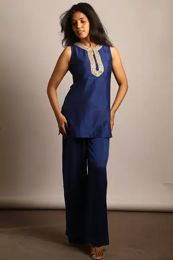 Blue embroidered raw silk co ord set