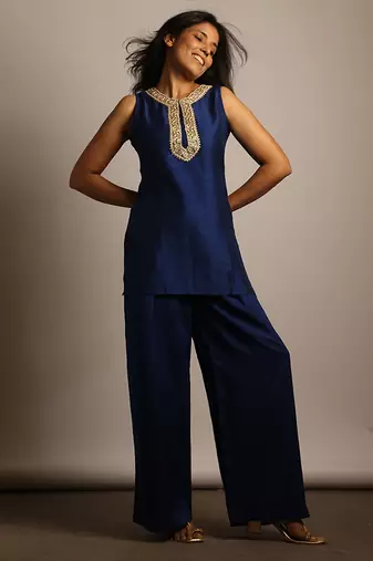 Blue embroidered raw silk co ord set