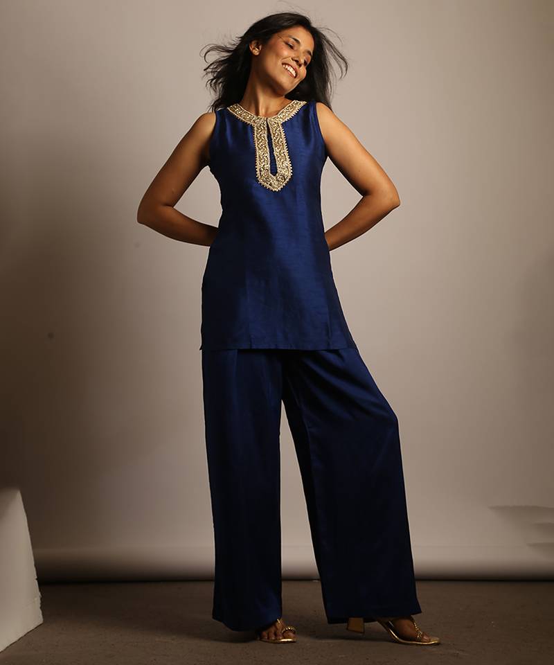 Blue embroidered raw silk co ord set
