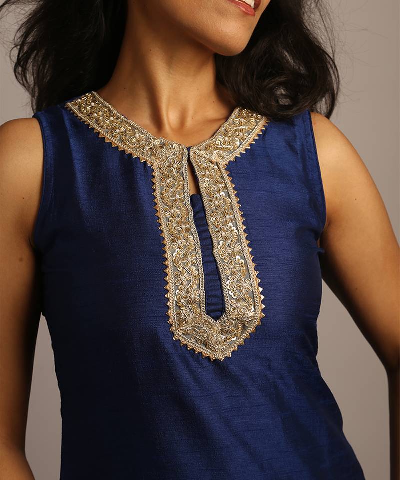 Blue embroidered raw silk co ord set