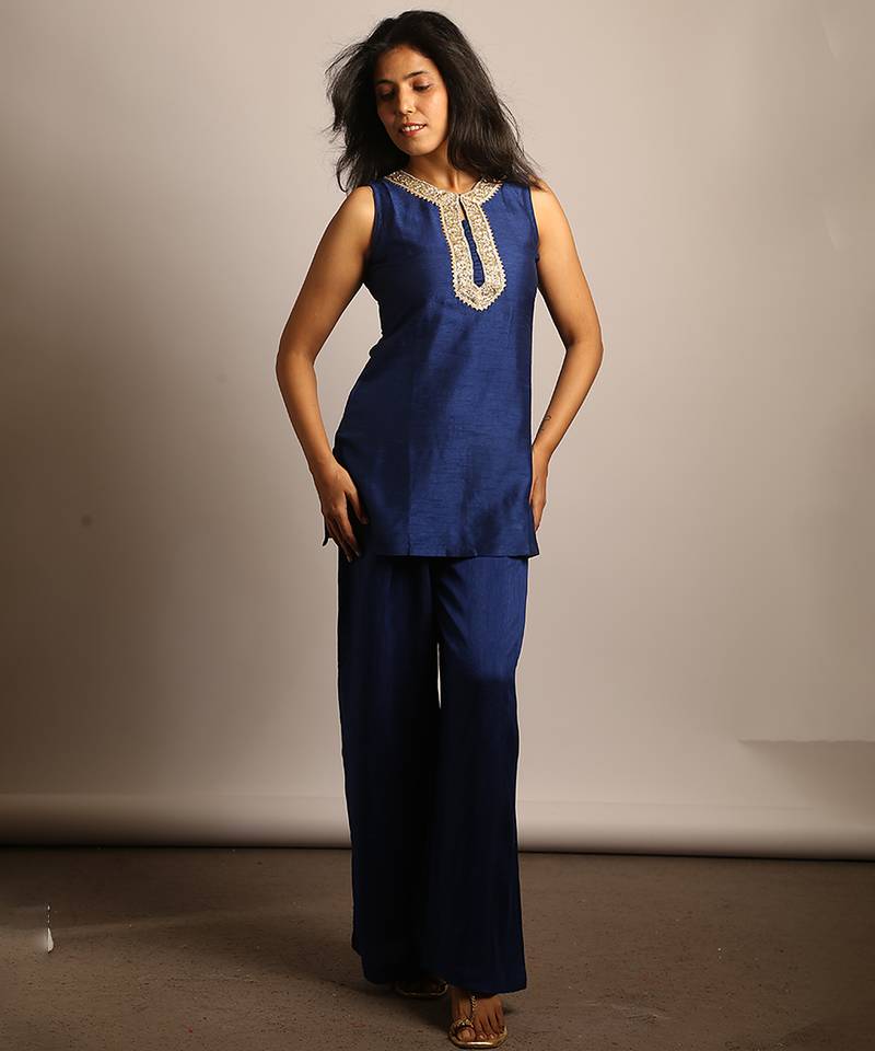 Blue embroidered raw silk co ord set