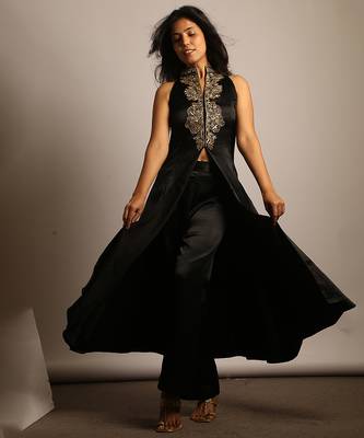 Black embroidered silk co ord set 2