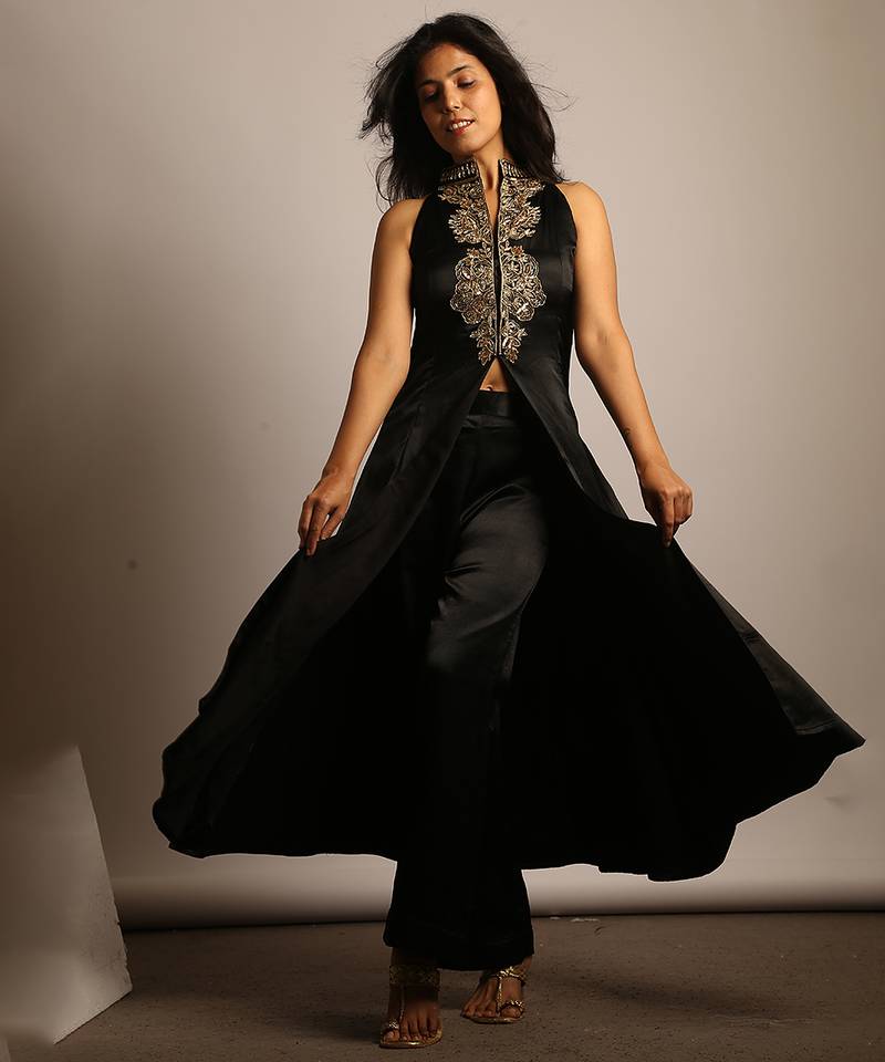 Black embroidered silk co ord set