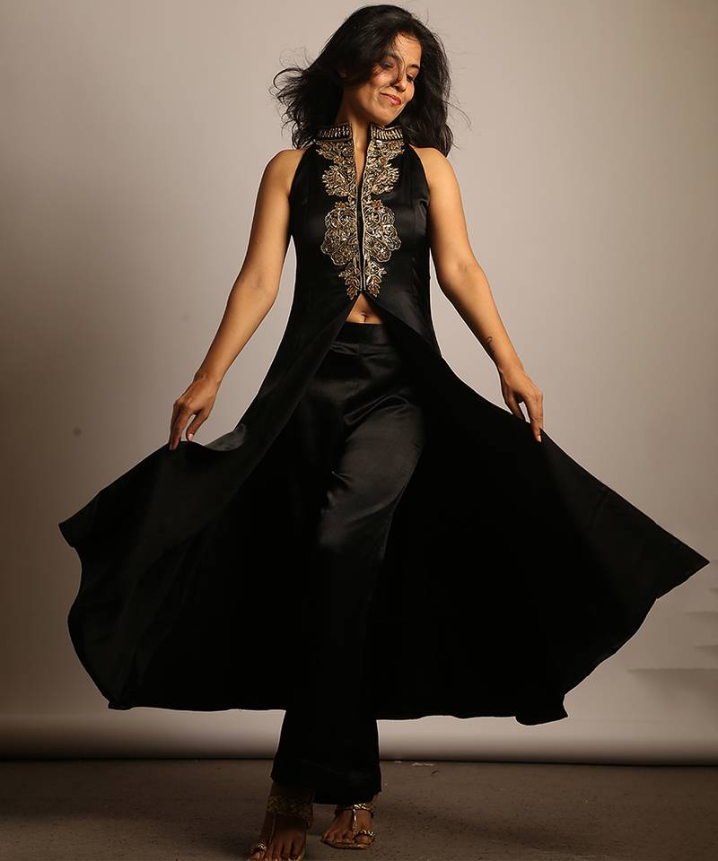 Black embroidered silk co ord set