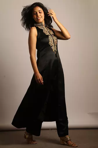 Black embroidered silk co ord set