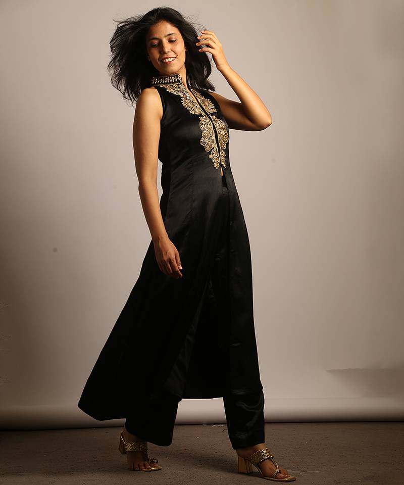Black embroidered silk co ord set