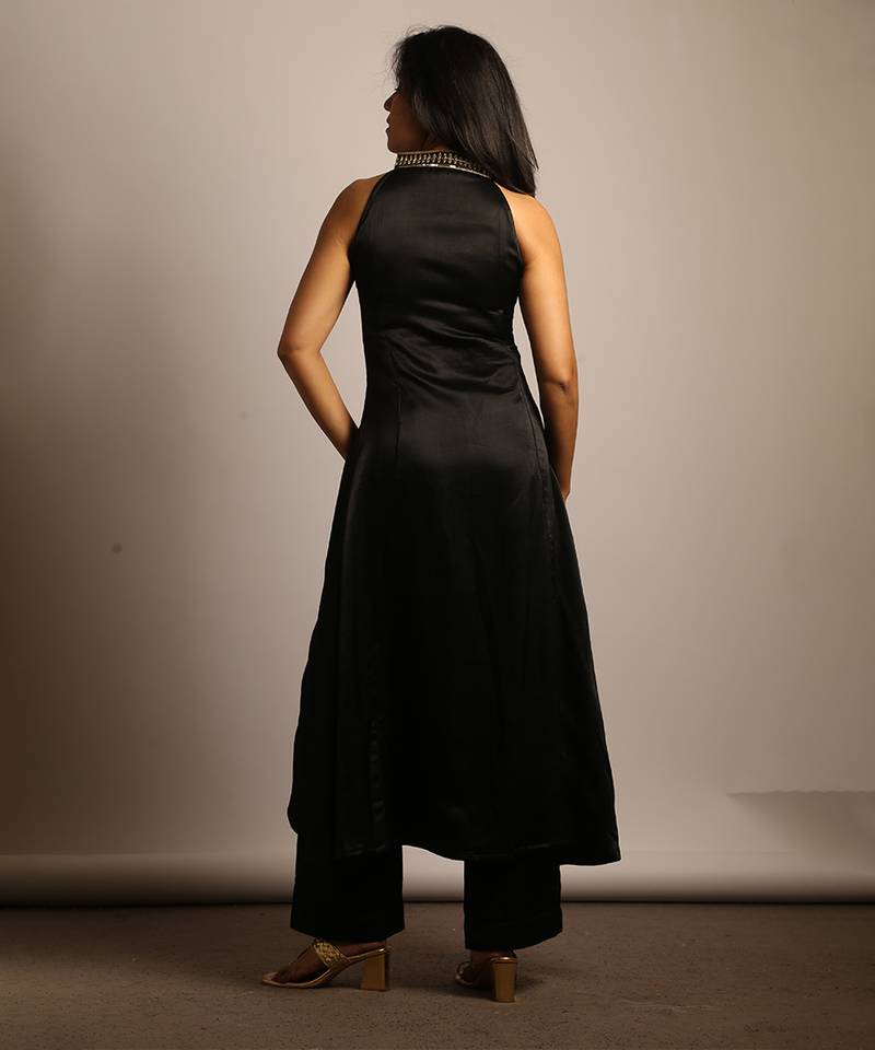 Black embroidered silk co ord set