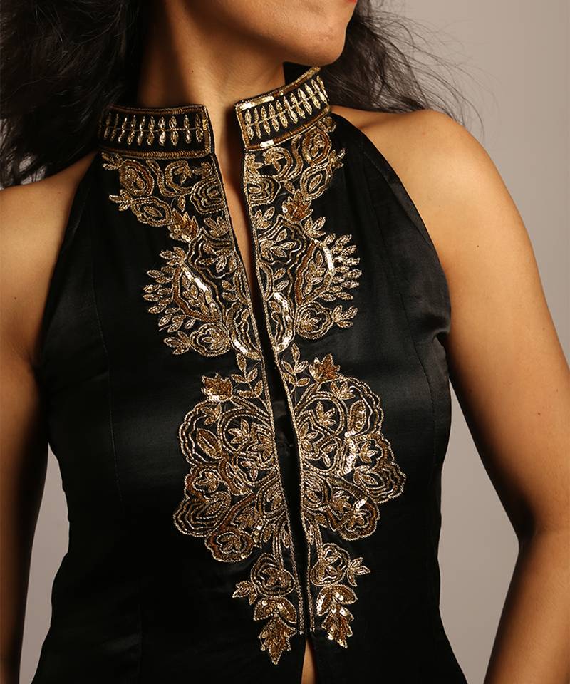 Black embroidered silk co ord set