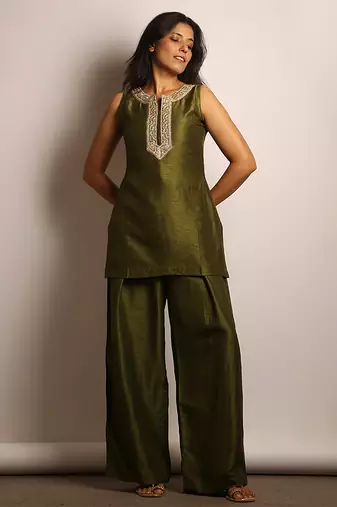 Olive green embroidered raw silk co ord set