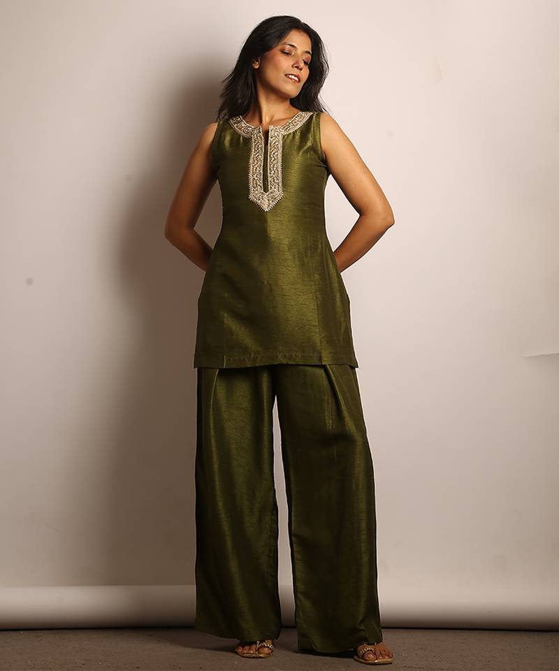 Olive green embroidered raw silk co ord set