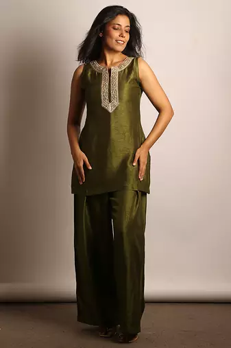 Olive green embroidered raw silk co ord set