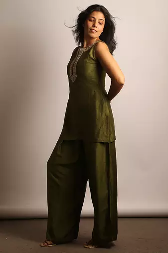 Olive green embroidered raw silk co ord set