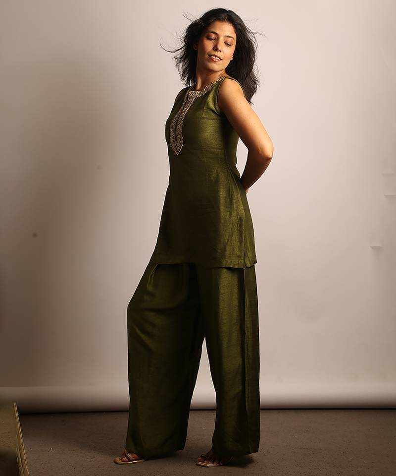 Olive green embroidered raw silk co ord set