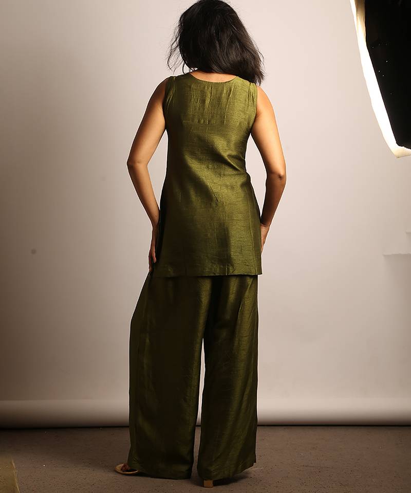 Olive green embroidered raw silk co ord set