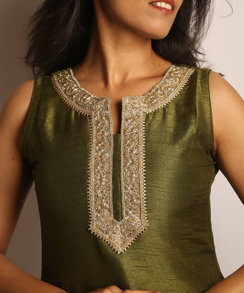 Olive green embroidered raw silk co ord set