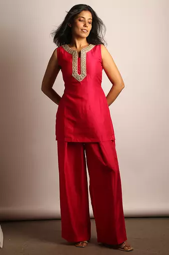 Pink embroidered raw silk co ord set