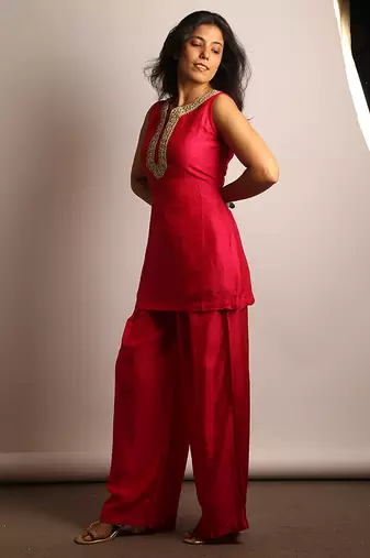 Pink embroidered raw silk co ord set