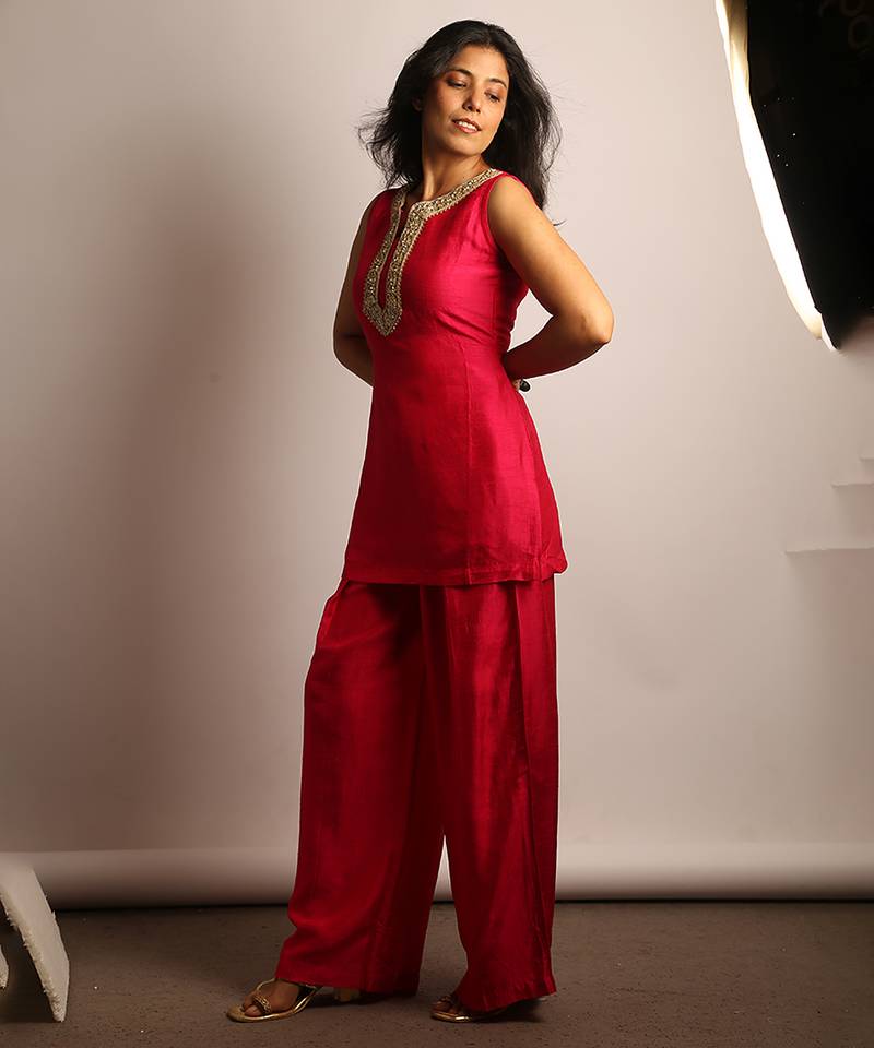 Pink embroidered raw silk co ord set