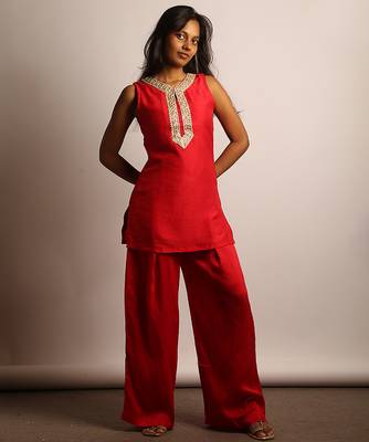 Red embroidered raw silk co ord set 3