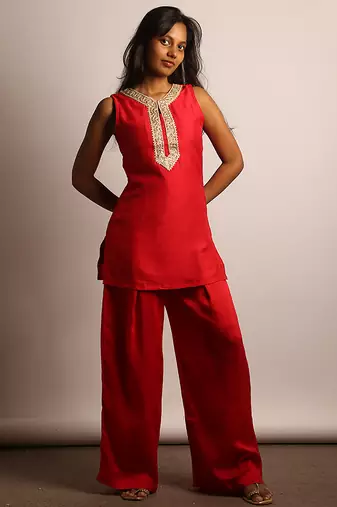 Red embroidered raw silk co ord set