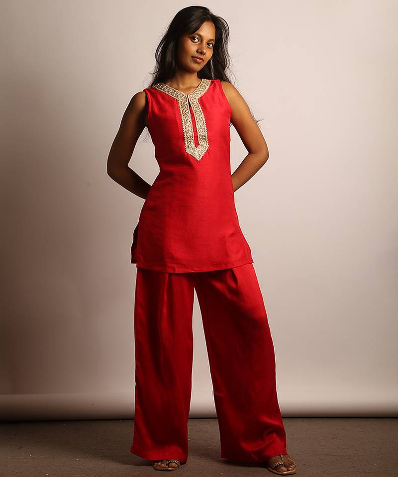 Red embroidered raw silk co ord set