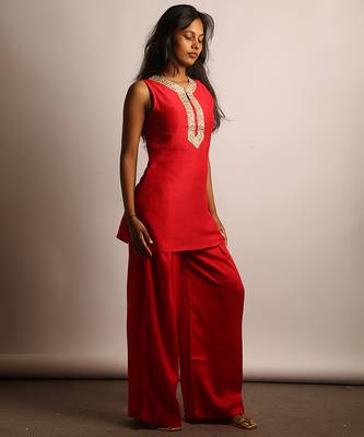 Red embroidered raw silk co ord set 4