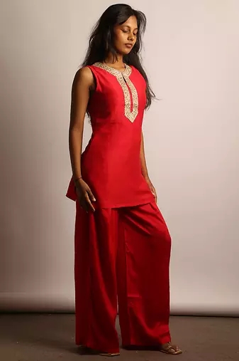 Red embroidered raw silk co ord set