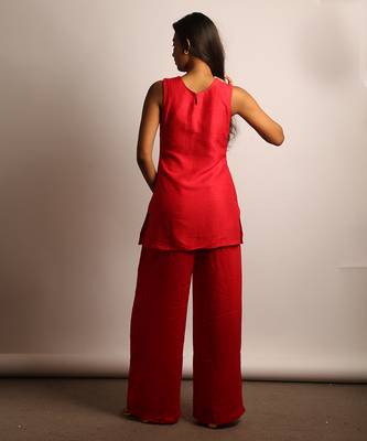 Red embroidered raw silk co ord set 5