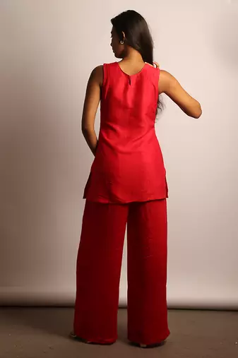 Red embroidered raw silk co ord set